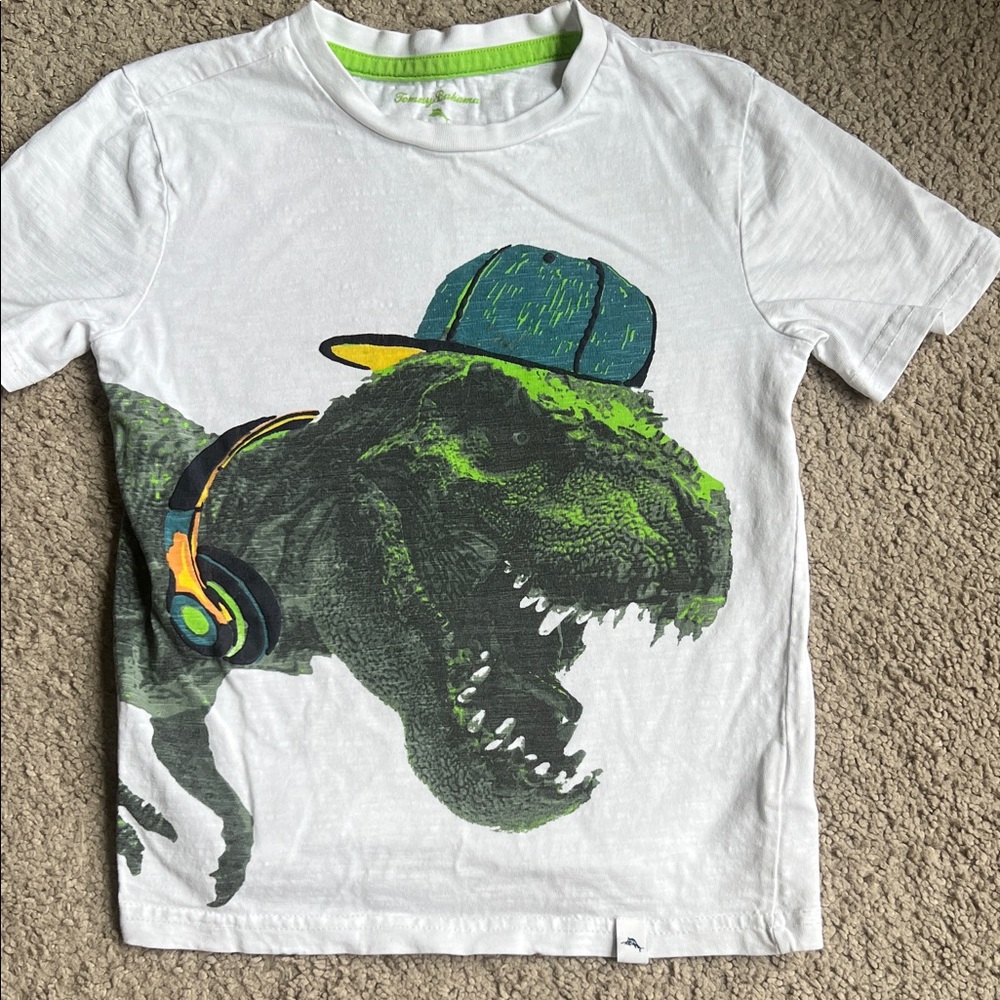 Tommy Bahama White Tee with Neon Green Dino Graphic